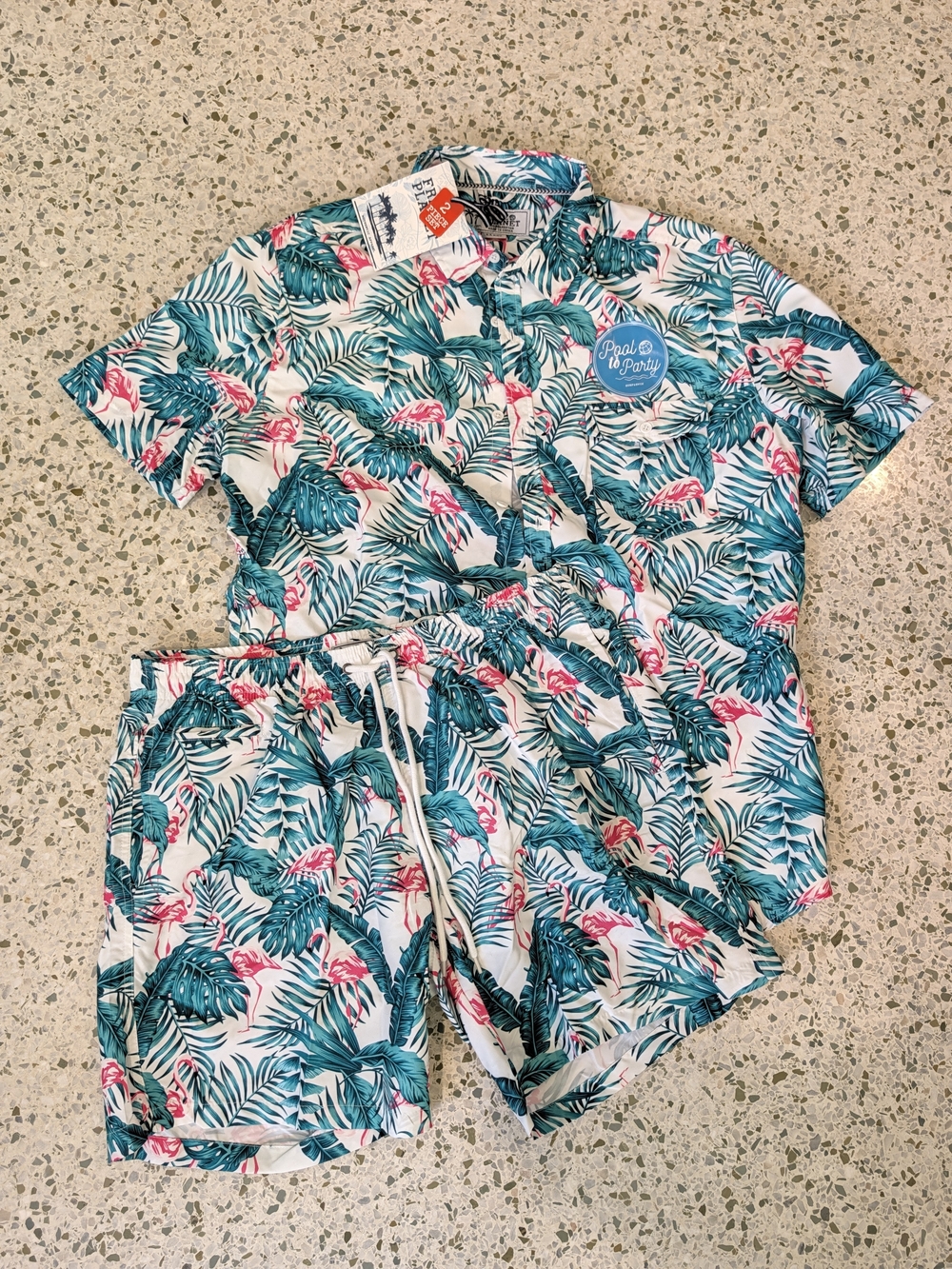 NWT Free Planet Men's 2 Piece Tropical Flamingo Surf & Swim Set